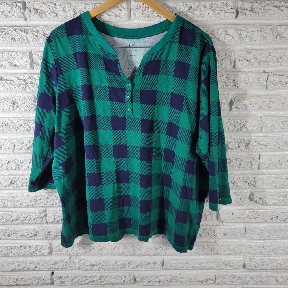Kim Rogers Women 3X Top Blue Green Plaid Button Up V-Neck 3/4 Sleeve PLA29XE